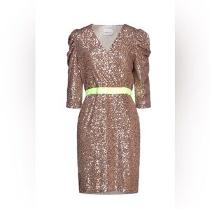 Blumarine Rose Gold Sequin Dress with Neon Green Belt